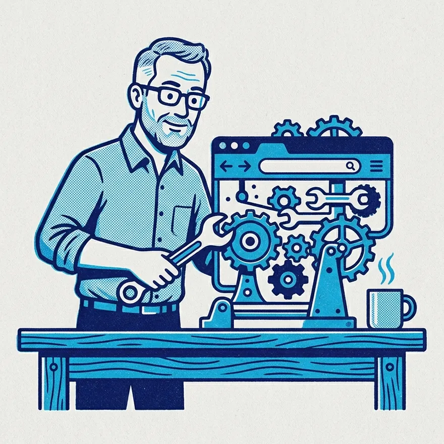 Print of a craftsman at a workbench fitting gears inside a machine shaped like a web browser window.