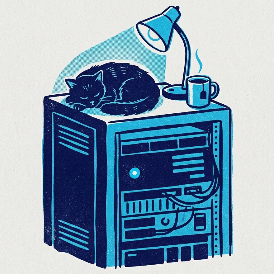 Print of a server rack at night with a desk lamp, a mug of tea and a cat asleep on top.